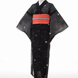 着物レンタル夏物名古屋帯セット(夏用・薄物・紗レディース)「Mサイズ」黒・小花(ワンタッチ式)の画像