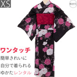 浴衣レンタルセットXSサイズレディース黒紅白牡丹ワンタッチ着付け簡単ゆかたの画像