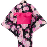 浴衣レンタルセットLサイズレディース黒ピンク洋花ワンタッチ着付け簡単の画像の2