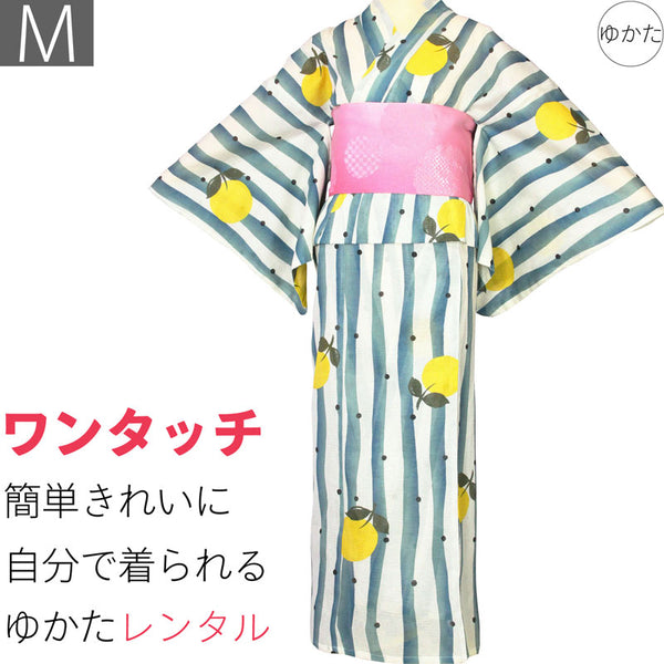 簡単着付け浴衣レンタル/ゆかたレンタル浴衣セット「Mサイズ」絽白緑ストライプ甘夏の画像