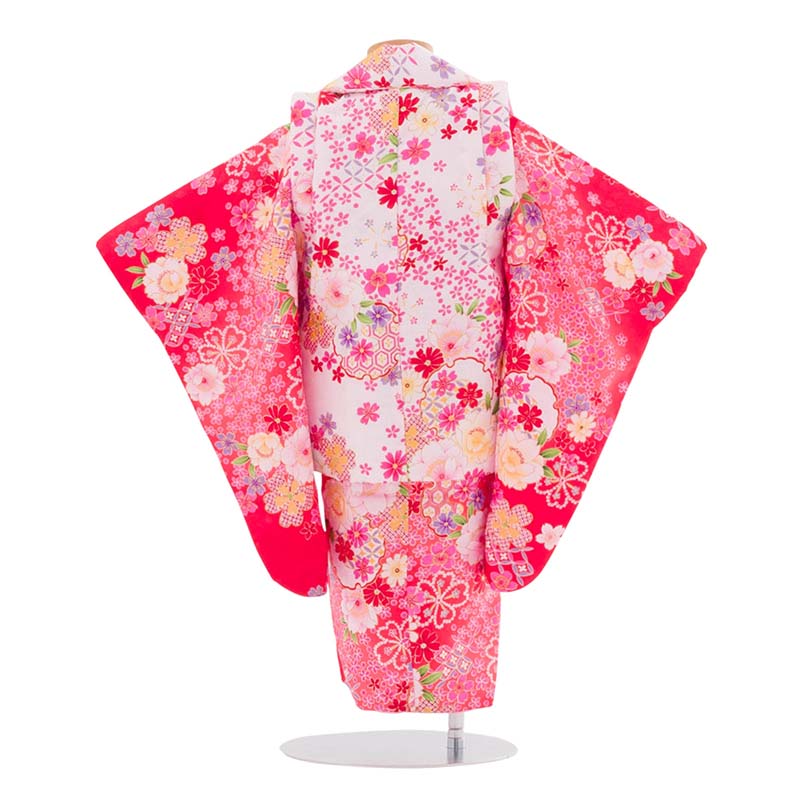 七五三2歳数え3歳90サイズ女の子レンタル着物被布赤/白八重桜小桜雪輪取の画像の2