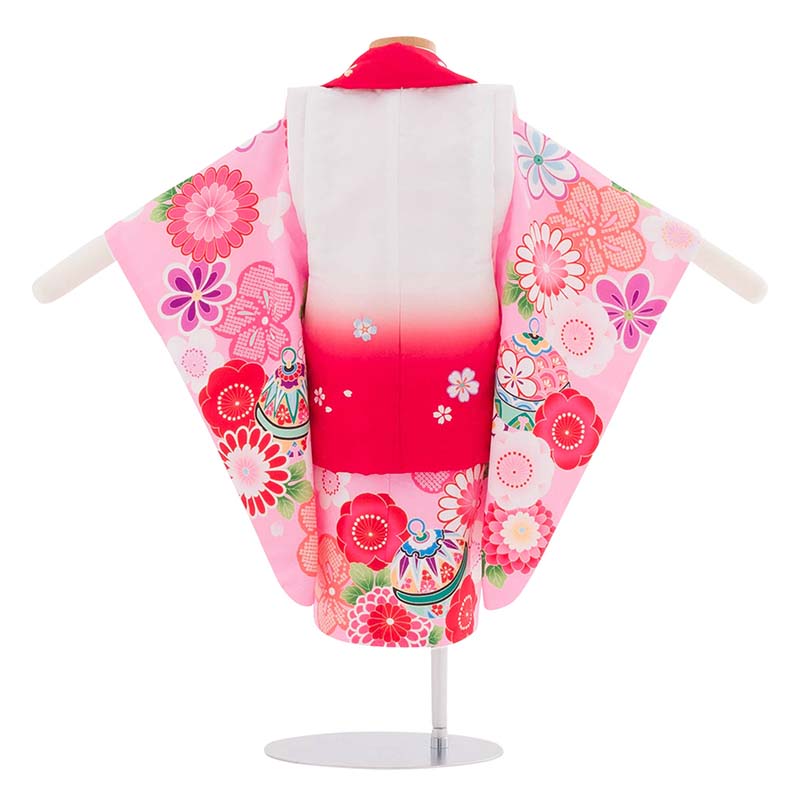 七五三2歳-3歳95サイズ女の子レンタル着物被布ピンク/赤白菊梅手毬桜の画像の2