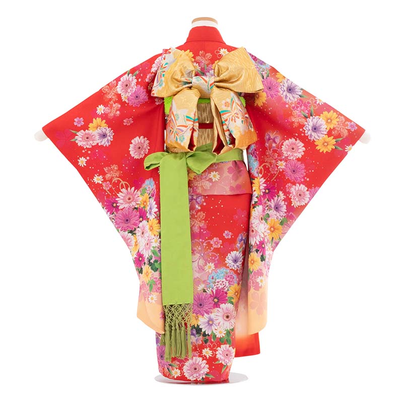 七五三着物7歳女の子120サイズレンタル四つ身着物(着付け簡単)赤菊桜の画像の2