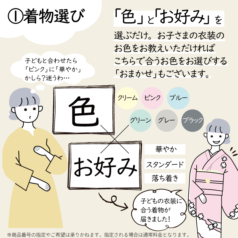 (1)着物選び「色」と「お好み」を選ぶだけ。お子様の衣装のお色を教えて頂ければ、こちらで合うお色をお選びする「おまかせ」もございます。「色」（クリーム、ピンク、ブルー、グリーン、グレー、ブラック）×「お好み」（華やか、スタンダード、落ち着き）