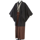 袴レンタル簡単ワンタッチ成人式卒業式「Lサイズ」メンズ茶色・縦縞レトロ着物+羽織+はかまセット(春秋冬/袷)学生お父さんの画像