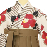 袴レンタル卒業式ワンタッチ「Mサイズ」卒業袴二尺袖ベージュ大ツバキ/茶くすみ系はかま簡単フルセット大学の画像の4