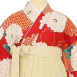 袴レンタル卒業式ワンタッチ「XSサイズ」卒業袴二尺袖赤大菊亀甲菱/クリームはかま簡単フルセット大学の画像の4