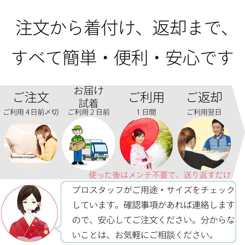 注文、着付け、返却、すべて簡単・便利・安心です。お届けはご利用2日前、ご返却ご利用翌日。使った後はメンテ不要で送り返すだけ。プロスタッフが用途サイズをチェックしているので安心して注文ください。分からないことは気軽に相談ください