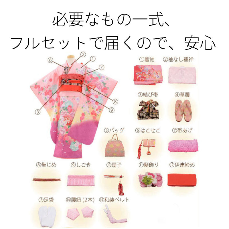七五三着物7歳女の子120サイズレンタル四つ身着物(着付け簡単)白桜の説明画像6