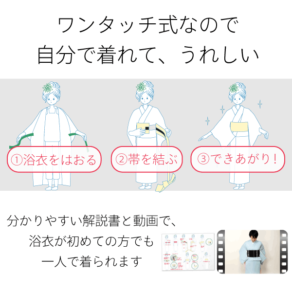 浴衣レンタルセットSサイズレディース黒・白菊ワンタッチ着付け簡単の説明画像5