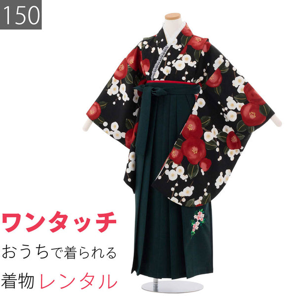 ワンタッチ小学校卒業式女の子簡単はかま「150サイズ」黒/袴濃緑椿白梅日本画フルセット女子の画像