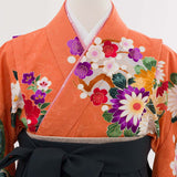 ワンタッチ小学校卒業式女の子簡単はかま「140サイズ」橙/袴モスグリーン四季花流水絵羽フルセット女子の画像の4