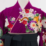 ワンタッチ小学校卒業式女の子簡単はかま「160サイズ」紫/袴モスグリーン四季花流水絵羽フルセット女子の画像の4