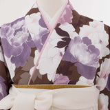 ワンタッチ小学校卒業式女の子簡単はかま「140サイズ」茶/袴オフホワイト友禅風＆水彩風大牡丹尽くしフルセット女子の画像の4