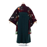 ワンタッチ小学校卒業式女の子簡単はかま「140サイズ」濃紫/袴濃緑牡丹シェイプ赤・緑ネオン風フルセット女子の画像の2