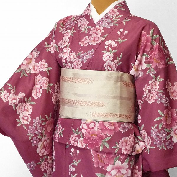 着物レンタル春秋冬用レディース袷小紋セット「Mサイズ」濃ピンクしだれ桜の画像