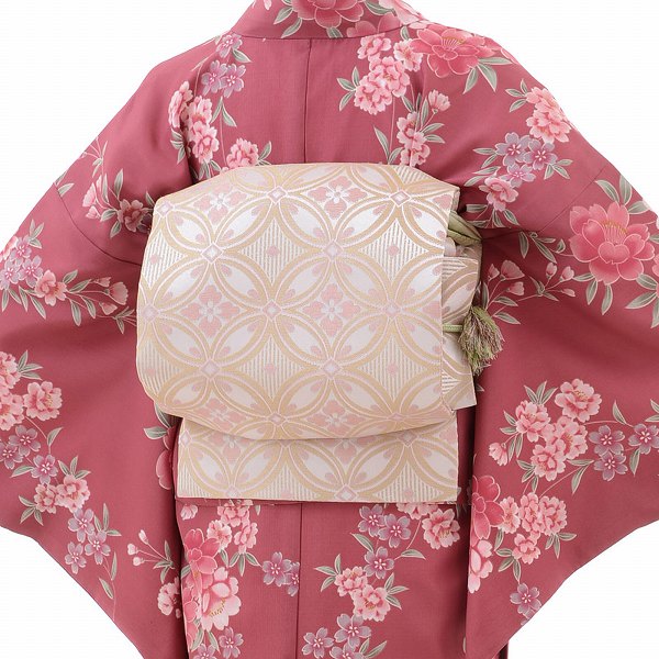 着物レンタル春秋冬用レディース袷小紋袋帯セット「Mサイズ」濃ピンクしだれ桜の画像の2