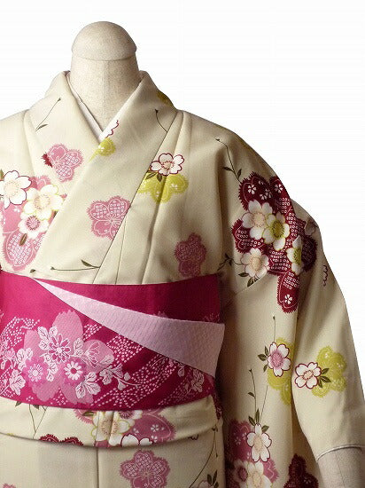 着物レンタル春秋冬用レディース袷小紋セット「Mサイズ」白・桜和服レンタルの画像