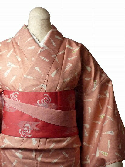 着物レンタル春秋冬用レディース袷小紋セット「Mサイズ」ピンク・扇の画像