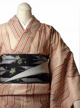 着物レンタル春秋冬用レディース袷小紋セット「Lサイズ」薄茶・縦縞の画像