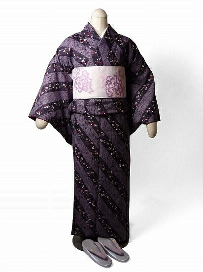 着物レンタル春秋冬用レディース袷小紋セット「Mサイズ」紫・ストライプの画像の2