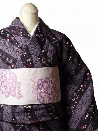 着物レンタル春秋冬用レディース袷小紋セット「Mサイズ」紫・ストライプの画像