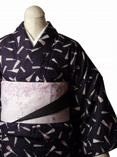 着物レンタル春秋冬用レディース袷小紋セット「Lサイズ」紫・扇の画像