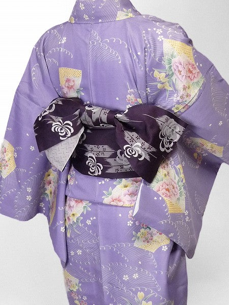 着物レンタル春秋冬用レディース袷小紋セット「Sサイズ」紫・扇面の画像の2