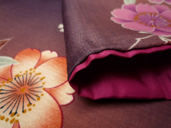 着物レンタル春秋冬用レディース袷小紋セット「XLサイズ」茶・グラデ・八重桜の画像の4