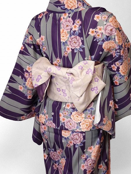 着物レンタル春秋冬用レディース袷小紋セット「XLサイズ」紫・グレー・矢絣の画像の2