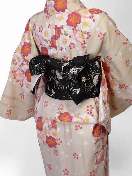 着物レンタル春秋冬用レディース袷小紋セット「Lサイズ」ベージュ・桜の画像の2