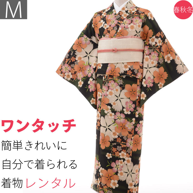 着物レンタル春秋冬用レディース袷小紋名古屋帯セット「Mサイズ」緑・なでしこ・桜の画像