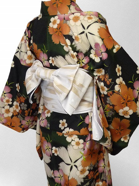 着物レンタル春秋冬用レディース袷小紋セット「Lサイズ」緑・なでしこ・桜の画像の2