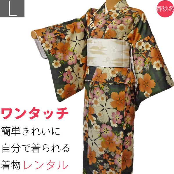 着物レンタル春秋冬用レディース袷小紋セット「Lサイズ」緑・なでしこ・桜の画像