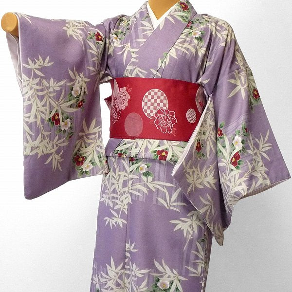 着物レンタル春秋冬用レディース袷小紋セット「Sサイズ」紫・竹・椿の画像