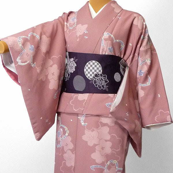 着物レンタル春秋冬用レディース袷小紋セット「Lサイズ」ピンク・大桜の画像