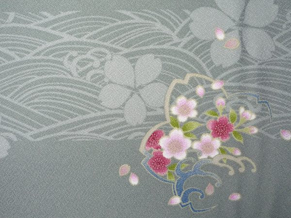 着物レンタル春秋冬用レディース袷小紋セット「XSサイズ」グレー・波文の画像の3