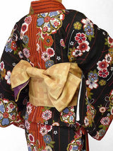着物レンタル春秋冬用レディース袷小紋セット「Lサイズ」黒・橙・エキゾチック桜の画像の2