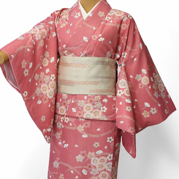 着物レンタル春秋冬用レディース袷小紋セット「XLサイズ」ピンク・桜の画像