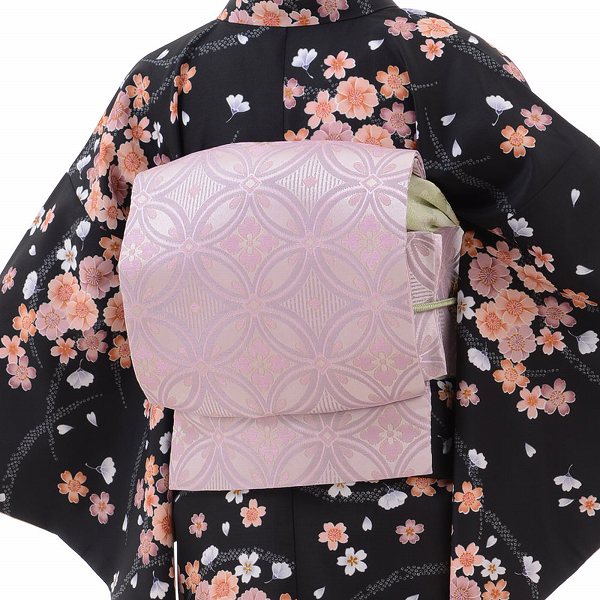 着物レンタル春秋冬用レディース袷小紋袋帯セット「XSサイズ」黒・夜桜の画像の2