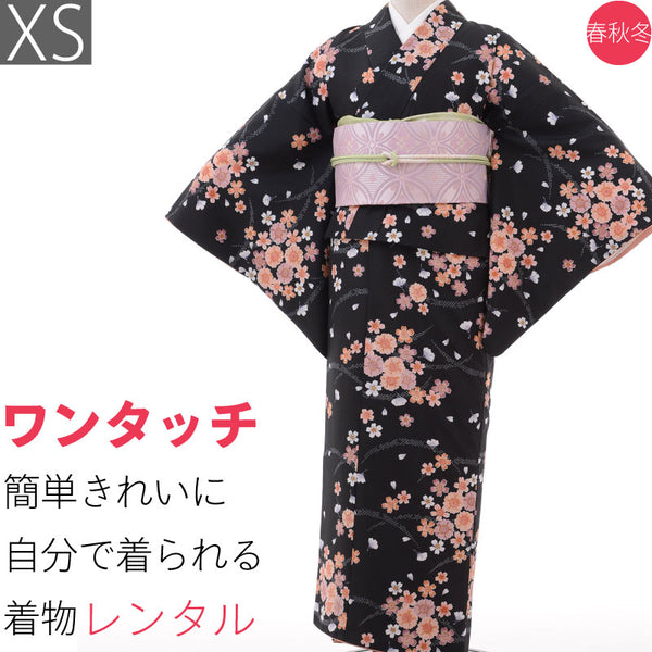 着物レンタル春秋冬用レディース袷小紋袋帯セット「XSサイズ」黒・夜桜の画像