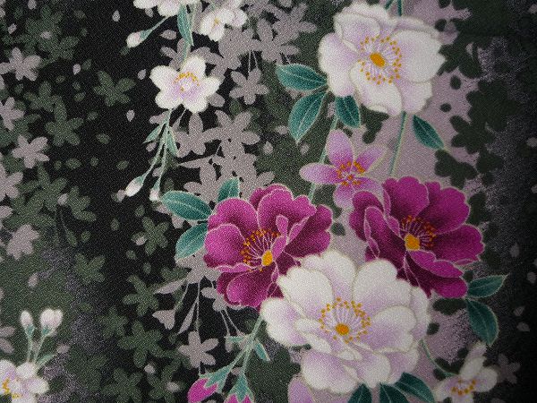 着物レンタル春秋冬用レディース袷小紋セット「Lサイズ」黒ボカシ・枝垂れ桜の画像の3