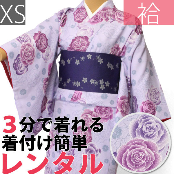 着物レンタル春秋冬用レディース袷小紋セット「XSサイズ」紫・洋バラの画像