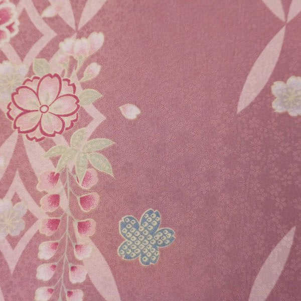 着物レンタル春秋冬用レディース袷小紋京袋帯セット「Lサイズ」濃ピンク・桜・藤の画像の3