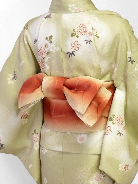 着物レンタル春秋冬用レディース袷小紋セット「Lサイズ」薄緑・菊竹桜の画像の2