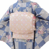 着物レンタル春秋冬用レディース袷小紋袋帯セット「XSサイズ」水色・市松・菊梅の画像の2