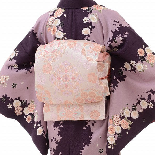 着物レンタル春秋冬用レディース袷小紋袋帯セット「Lサイズ」紫・牡丹の画像の2