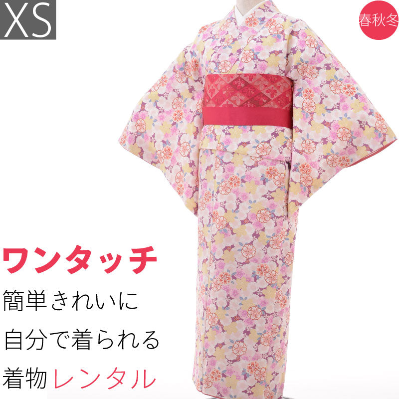 【着物レンタル】レンタル着物宅配セット「XSサイズ」ピンク桜尽くしRumi(春秋冬用／女性用レディース袷)簡単着付けの画像