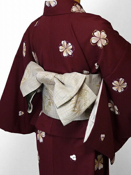 着物レンタル春秋冬用レディース袷小紋セット「Mサイズ」エンジ・シンプル桜の画像の2