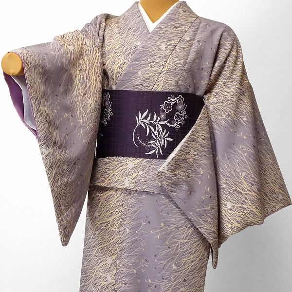 着物レンタル春秋冬用レディース袷小紋セット「Mサイズ」紫・ススキの画像